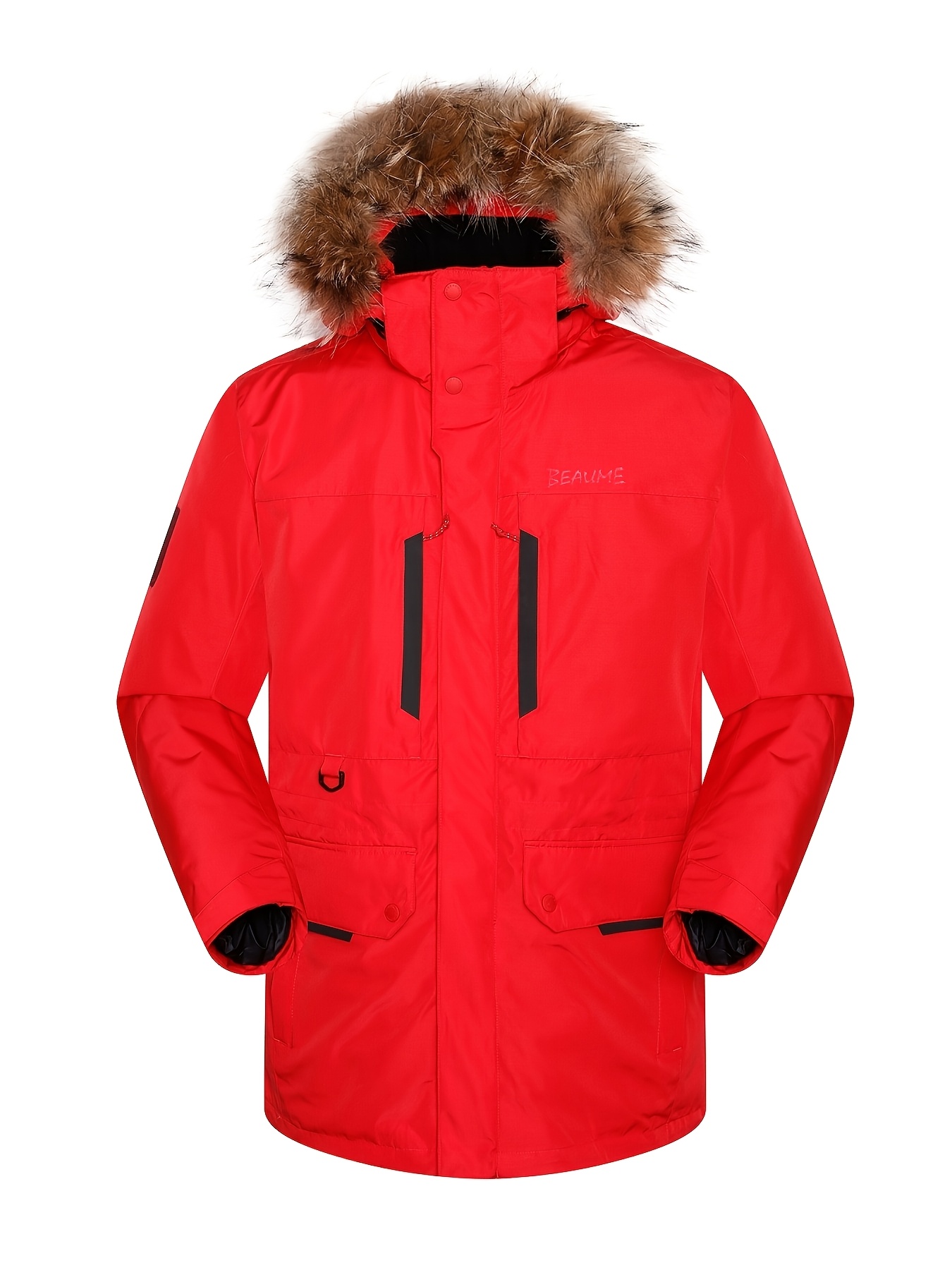 ZZD2395 Men Color Block Mid-Length Hooded Down Jacket, Non-Stretch Fabric Outdoor Hiking Coat - Image 2