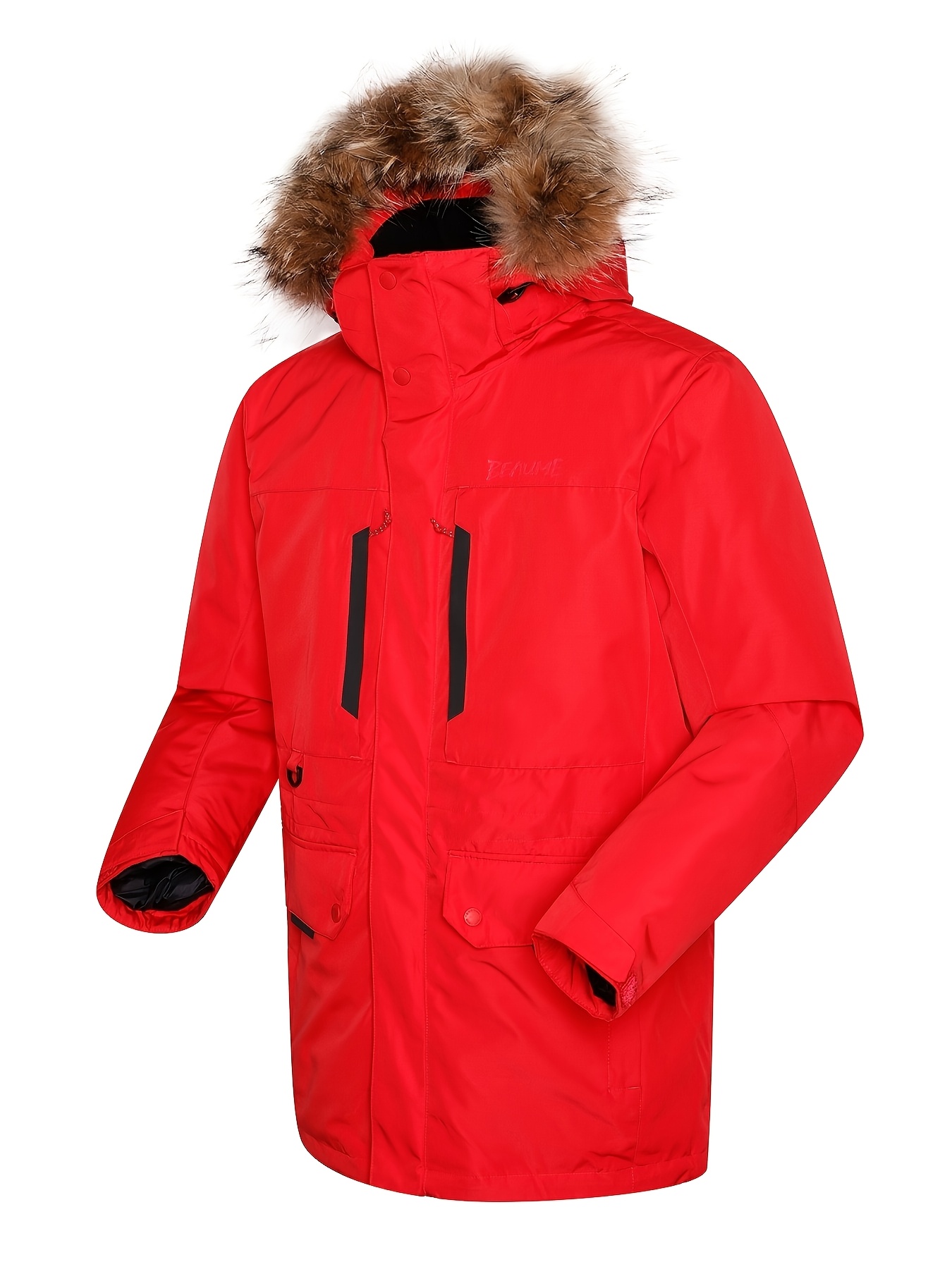ZZD2395 Men Color Block Mid-Length Hooded Down Jacket, Non-Stretch Fabric Outdoor Hiking Coat