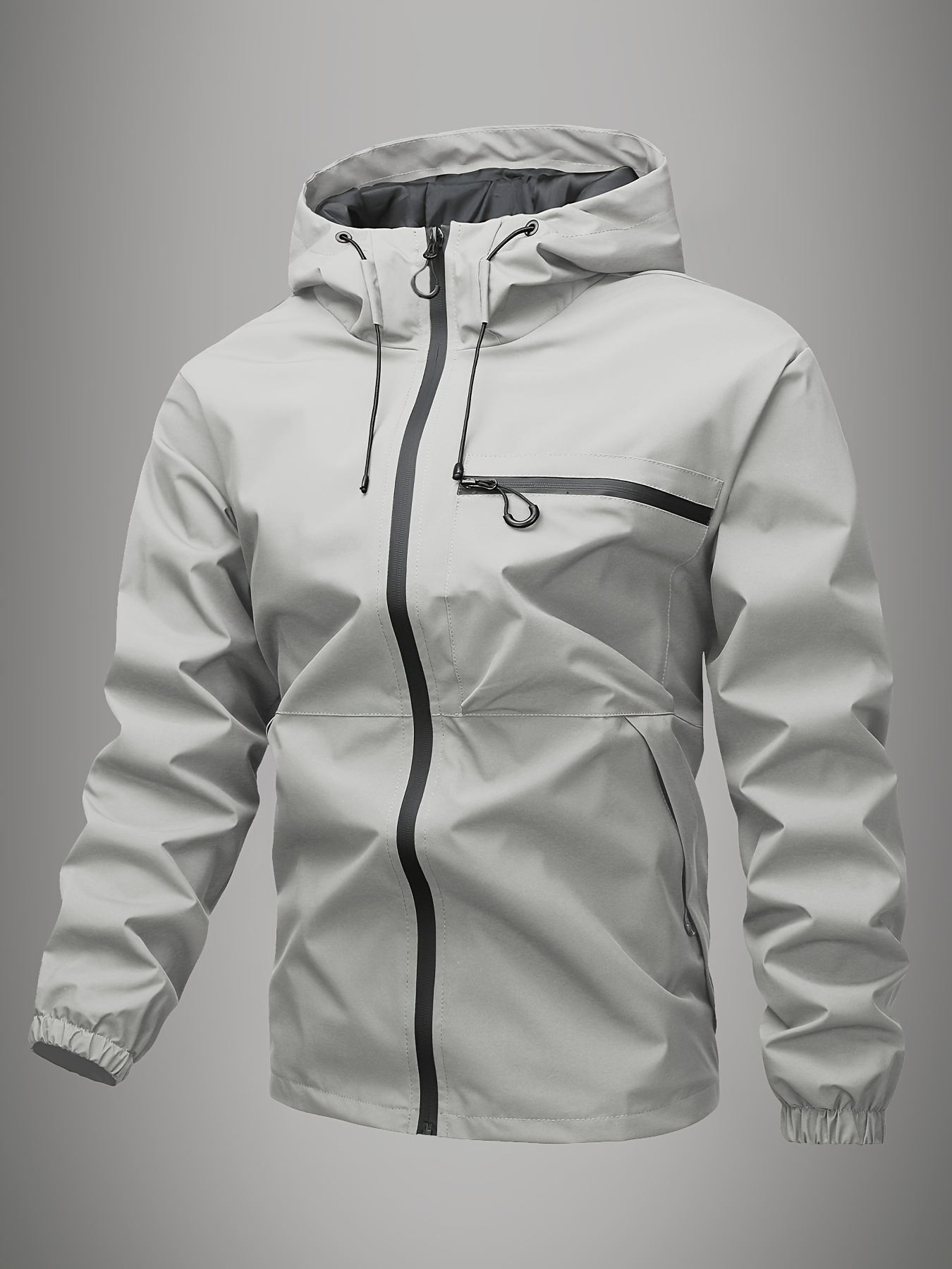 ZZD2392 Men Thin Hooded Windbreaker with Diagonal Zip Pocket, Techwear Outdoor Jacket